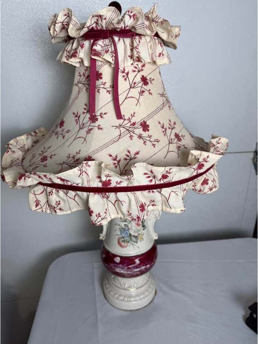Vintage Floral Porcelain Table Lamp with Ruffled Fabric Shade